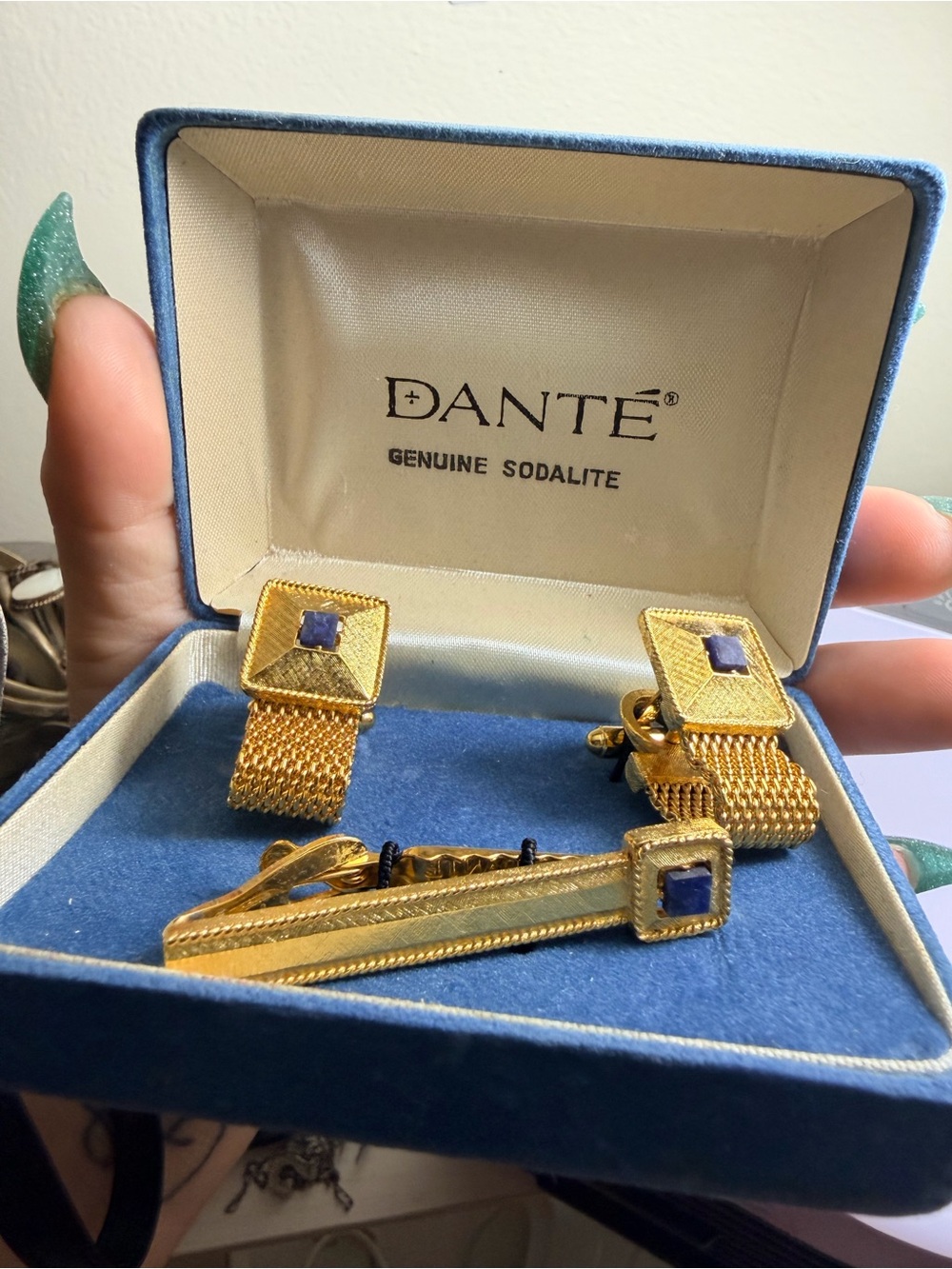 Gold-Tone Sodalite Cufflinks & Tie Clip Set - Blue Accent Vintage/old/new stock